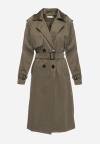 Born2be - Ciemnozielony Długi Płaszcz Trencz o Klasycznym Fasonie z Paskiem Nasde. Okazja: na co dzień. Kolor: zielony. Materiał: jeans. Długość: długie. Styl: klasyczny #7