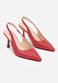 Renee - Czerwone Sandały Slingback na Szpilce z Aplikacją z Nitami Sewluna. Kolor: czerwony. Materiał: koronka. Wzór: aplikacja. Obcas: na szpilce. Styl: elegancki. Wysokość obcasa: średni #3
