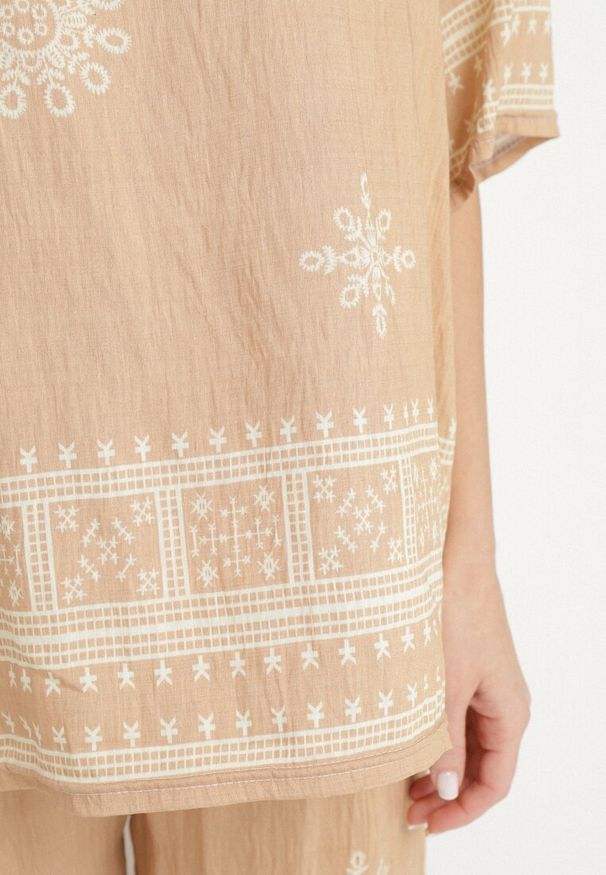 Born2be - Beżowy Komplet z Wiskozą w Stylu Rustykalnym Bluzka i Szerokie Spodnie Ronilae. Kolor: beżowy. Materiał: wiskoza