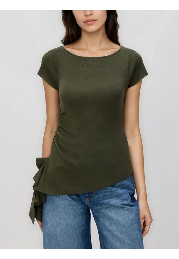 Reserved - Asymetryczna bluzka - ciemnozielony. Kolor: zielony. Materiał: dzianina, wiskoza