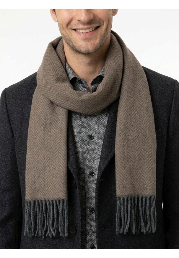 V. Fraas - Szalik z Frędzlami, Beżowy w Jodełkę Miękki, Firmy V.Fraas -Cashmink. Kolor: brązowy, beżowy, wielokolorowy. Materiał: tkanina, syntetyk, materiał, poliakryl, wełna. Wzór: jodełka. Sezon: lato