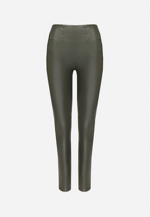 Born2be - Ciemnozielone Legginsy z Ekoskóry Ocieplane z Efektem Push-Up Labrisa. Okazja: na co dzień. Stan: podwyższony. Kolor: zielony. Materiał: materiał. Styl: elegancki, casual