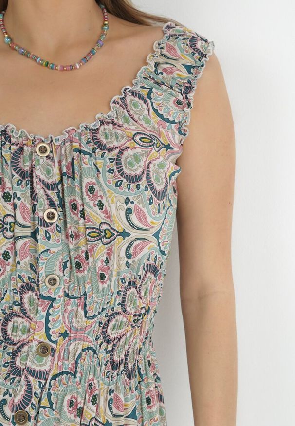 Born2be - Miętowo-Różowa Rozkloszowana Sukienka Midi na Szerokich Ramiączkach z Gumkami w Pasie Anelanie. Typ kołnierza: kołnierz z falbankami. Kolor: miętowy. Długość rękawa: na ramiączkach. Wzór: aplikacja, kwiaty. Długość: midi