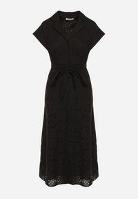 Born2be - Czarna Bawełniana Ażurowa Sukienka na Guziki o Koszulowym Kroju Wiązana Paskiem Grosofia. Okazja: na co dzień. Kolor: czarny. Materiał: bawełna. Wzór: ażurowy. Sezon: lato. Typ sukienki: koszulowe. Styl: casual, elegancki, klasyczny #6