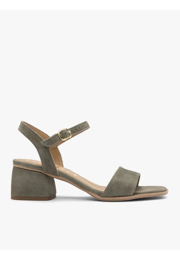 Ryłko - Oliwkowe sandały damskie na obcasie. Zapięcie: sprzączka. Kolor: oliwkowy. Materiał: skóra, welur. Obcas: na obcasie. Styl: street. Wysokość obcasa: średni