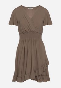 Born2be - Ciemnozielona Bawełniana Sukienka z Gumkami w Talii z Kopertowym Dekoltem i Falbankami Lolana. Typ kołnierza: kołnierz z falbankami. Kolor: brązowy. Materiał: bawełna. Długość rękawa: krótki rękaw. Typ sukienki: kopertowe #2