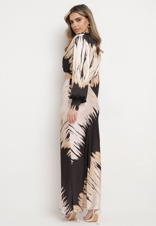 Born2be - Czarno-Beżowy Letni Komplet Krótka Koszula z Przeplatanym Dekoltem Spódnica z Gumką w Pasie Wedna. Kolor: czarny