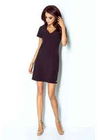 IVON - Czarna Sukienka Trapezowa Mini z Dekoltem V. Kolor: czarny. Materiał: elastan, wiskoza. Typ sukienki: trapezowe. Długość: mini #1