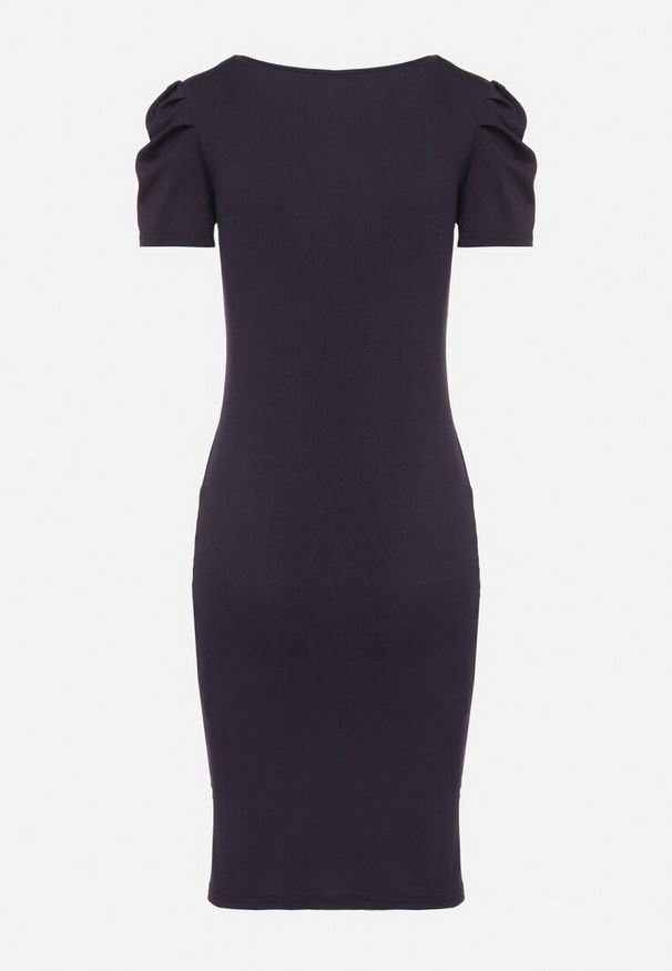 Born2be - Granatowa Sukienka o Dopasowanym Kroju z Bufiastymi Rękawami Aravitia. Okazja: na co dzień. Kolor: niebieski. Typ sukienki: dopasowane, proste. Styl: casual