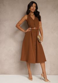 Renee - Brązowa Rozkloszowana Sukienka z Guzikami Folunira. Kolor: brązowy. Sezon: lato, wiosna. Styl: elegancki #5