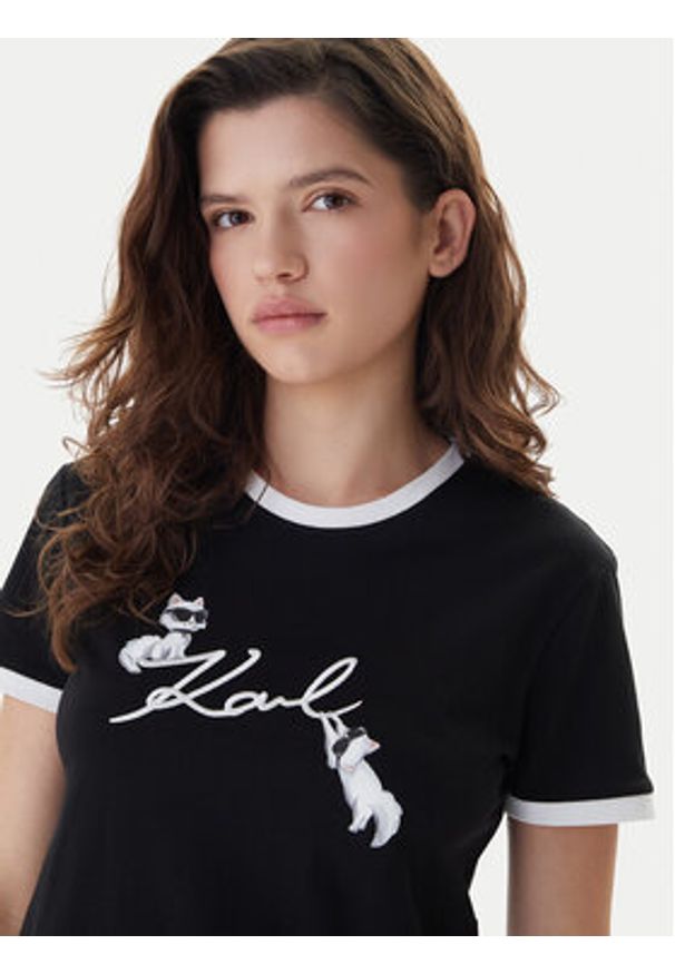 Karl Lagerfeld - KARL LAGERFELD T-Shirt B1W17040 Czarny Slim Fit. Typ kołnierza: dekolt w karo. Kolor: czarny. Materiał: bawełna