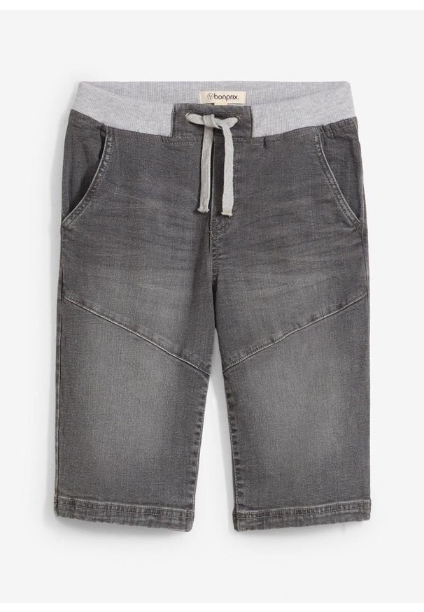 bonprix - Bermudy dżinsowe z elastycznym paskiem, ze stretchem, regular fit. Okazja: na co dzień. Kolor: szary. Styl: casual