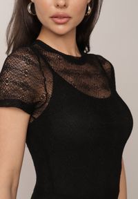 Born2be - Czarna Siateczkowa Sukienka Koktajlowa z Wiskozą na Krótki Rękaw Talogana. Okazja: na ślub cywilny, na imprezę, na wesele. Kolor: czarny. Materiał: wiskoza. Długość rękawa: krótki rękaw. Styl: wizytowy #7