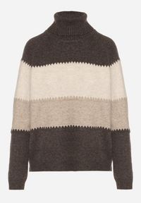 Born2be - Brązowy Golf Oversize w Szerokie Pasy z Domieszką Kaszmiru Nellemia. Okazja: na co dzień. Typ kołnierza: golf. Kolor: brązowy. Materiał: kaszmir. Styl: casual #6