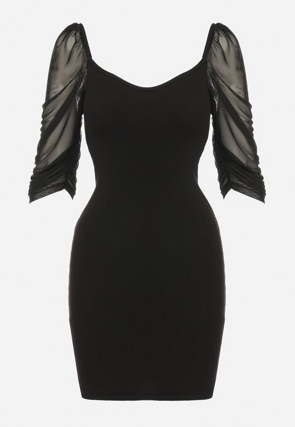 Born2be - Czarna Bawełniana Dopasowana Sukienka Mini z Przeźroczystymi Rękawami 3/4 Ferdiana. Okazja: na imprezę. Kolor: czarny. Materiał: bawełna. Typ sukienki: dopasowane. Styl: elegancki. Długość: mini