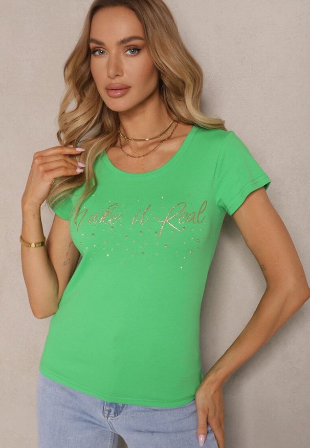 Renee - Zielony T-shirt z Bawełny Ozdobiony Napisem i Cyrkoniami Zreadia. Okazja: na co dzień. Kolor: zielony. Materiał: bawełna. Wzór: napisy, aplikacja. Styl: klasyczny, casual