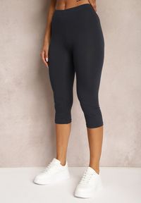 Renee - Granatowe Casualowe Legginsy z Bawełny High Waist o Długości 3/4 Grefea. Okazja: na co dzień. Stan: podwyższony. Kolor: niebieski. Materiał: bawełna. Styl: casual