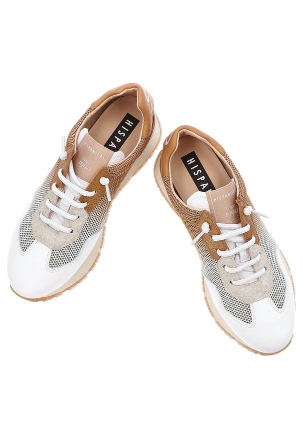 Biało-Brązowe Sneakersy Hispanitas Stylowe Wygodne Obuwie Damskie. Okazja: na co dzień. Zapięcie: sznurówki. Kolor: biały. Materiał: skóra. Szerokość cholewki: normalna. Styl: elegancki