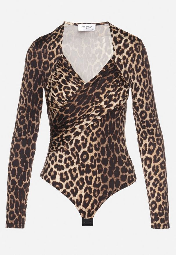 Born2be - Panterkowe Body Eleganckie z Marszczeniem Ziellea. Okazja: na co dzień. Materiał: jeans. Długość rękawa: długi rękaw. Długość: długie. Styl: elegancki