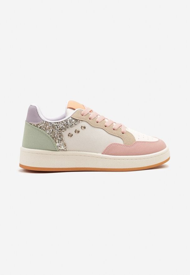 Born2be - Różowo-Beżowe Sneakersy z Ozdobnymi Przeszyciami w Streetwearowym Stylu Neoniela. Okazja: na co dzień. Kolor: różowy. Materiał: jeans. Szerokość cholewki: normalna. Wzór: aplikacja. Obcas: na obcasie. Wysokość obcasa: niski