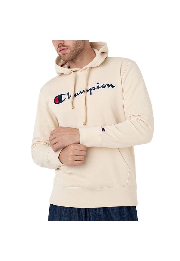 Bluza Champion Embroidered Script Logo Hoodie 217060-YS015 - beżowa. Kolor: beżowy. Materiał: bawełna, tkanina, poliester. Wzór: napisy. Styl: klasyczny, sportowy