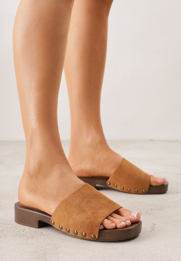 Renee - Brązowe Klapki z Nitami Lephiaphe. Okazja: na co dzień. Kolor: brązowy. Wzór: aplikacja. Sezon: lato. Styl: casual, elegancki