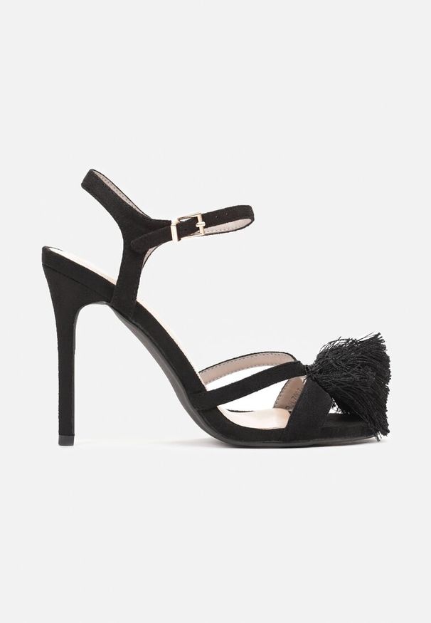 Renee - Czarne Eleganckie Sandały na Wysokiej Szpilce z Puchatym Pomponem Phemara. Kolor: czarny. Styl: elegancki