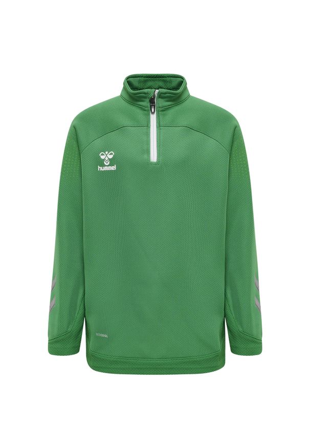 Dziecięca kurtka dresowa 1/2 zip Hummel Lead. Kolor: zielony. Materiał: dresówka. Wzór: jodełka, nadruk. Sport: piłka nożna