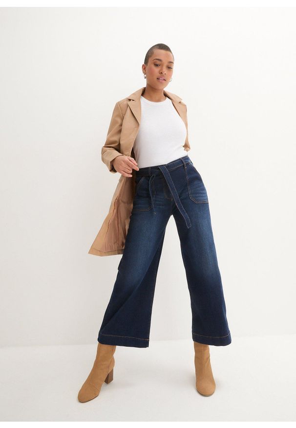 bonprix - Dżinsy Wide Leg, high waist z wygodnym paskiem, cropped. Stan: podwyższony. Kolor: niebieski
