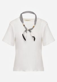 Born2be - Biały T-shirt z Bawełny w Klasycznym Stylu z Apaszką Bluestel. Okazja: na co dzień, na spotkanie biznesowe, do pracy. Kolor: biały. Materiał: bawełna. Długość: długie. Styl: klasyczny #8