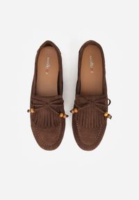 Renee - Brązowe Mokasyny z Koralikami Kokardą i Frędzlami Nahda. Okazja: na co dzień. Kolor: brązowy. Materiał: jeans. Styl: casual, street #2