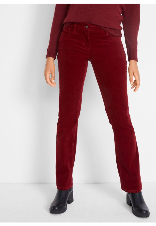 bonprix - Spodnie sztruksowe ze stretchem Bootcut. Kolor: czerwony. Materiał: sztruks