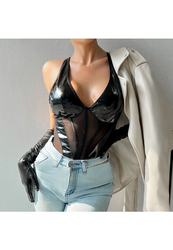 Intica - Body z transparentnymi pasami elegancki fason na wieczór Seiko. Kolor: czerwony. Materiał: materiał, skóra