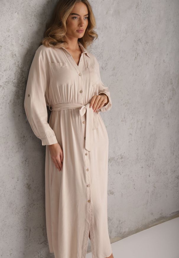 Renee - Jasnobeżowa Koszulowa Sukienka Utility z Bawełny z Wiązanym Paskiem w Talii Retona. Okazja: na co dzień. Kolor: beżowy. Materiał: bawełna. Sezon: lato. Typ sukienki: koszulowe. Styl: boho, glamour, casual