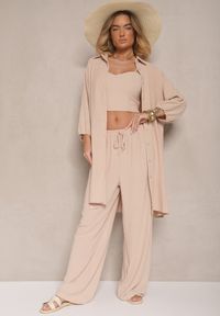 Renee - Beżowy Komplet Spodnie z Gumką w Pasie Top i Długa Koszula Arives. Kolor: beżowy. Materiał: materiał