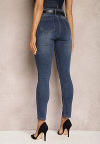 Renee - Granatowe Dopasowane Jeansy Skinny Ozdobione Przedarciami Lanvera. Kolor: niebieski. Wzór: aplikacja #4