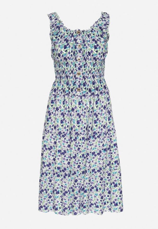 Born2be - Biało-Niebieska Sukienka Bawełniana Rozkloszowana w Kwiaty z Guzikami Ronzea. Okazja: na spacer. Kolor: biały. Materiał: bawełna. Wzór: kwiaty. Sezon: lato. Typ sukienki: rozkloszowane. Styl: elegancki, klasyczny