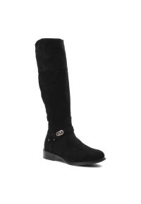 Czarne Kozaki S.Barski Wygodne Buty Damskie. Zapięcie: klamry. Kolor: czarny. Wzór: paski. Wysokość cholewki: za kolano. Materiał: materiał. Sezon: zima, jesień. Obcas: na obcasie. Styl: klasyczny, elegancki. Wysokość obcasa: średni