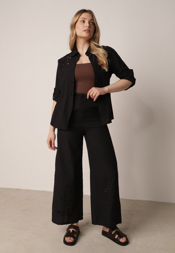 Born2be - Czarny Rustykalny Komplet z Bawełną z Ażurowym Wzorem Spodnie i Koszula Anael. Kolor: czarny. Materiał: bawełna. Wzór: ażurowy