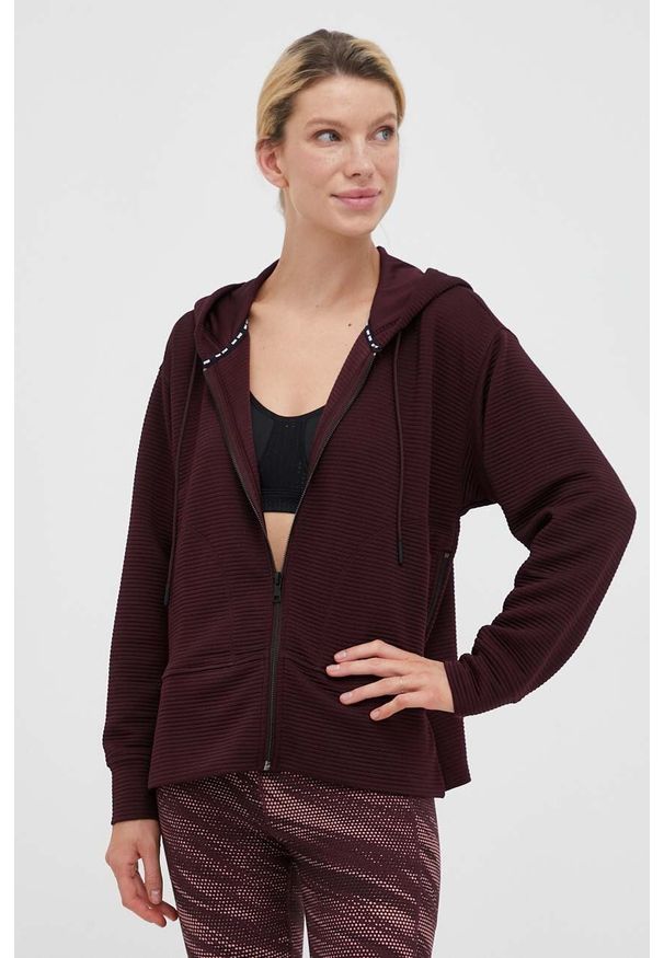DKNY - Dkny bluza damska kolor bordowy z kapturem gładka. Typ kołnierza: kaptur. Kolor: czerwony. Materiał: poliester. Wzór: gładki