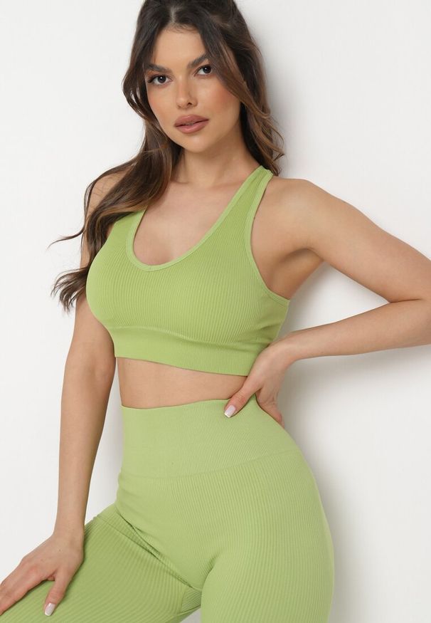 Born2be - Zielony Tank Top Sportowy z Prążkowanej Dzianiny Ophiase. Kolor: zielony. Materiał: prążkowany, dzianina. Styl: sportowy