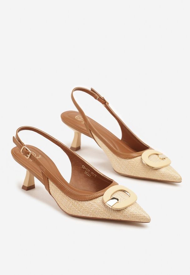 Renee - Beżowe Sandały Czółenka Sling Back z Geometryczną Ozdobą Arvania. Okazja: na co dzień. Kolor: beżowy. Wzór: aplikacja, geometria. Obcas: na obcasie. Styl: elegancki, casual. Wysokość obcasa: średni