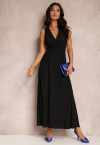 Renee - Czarna Sukienka Sematea. Kolor: czarny. Wzór: aplikacja. Typ sukienki: kopertowe, rozkloszowane. Styl: elegancki. Długość: maxi #5