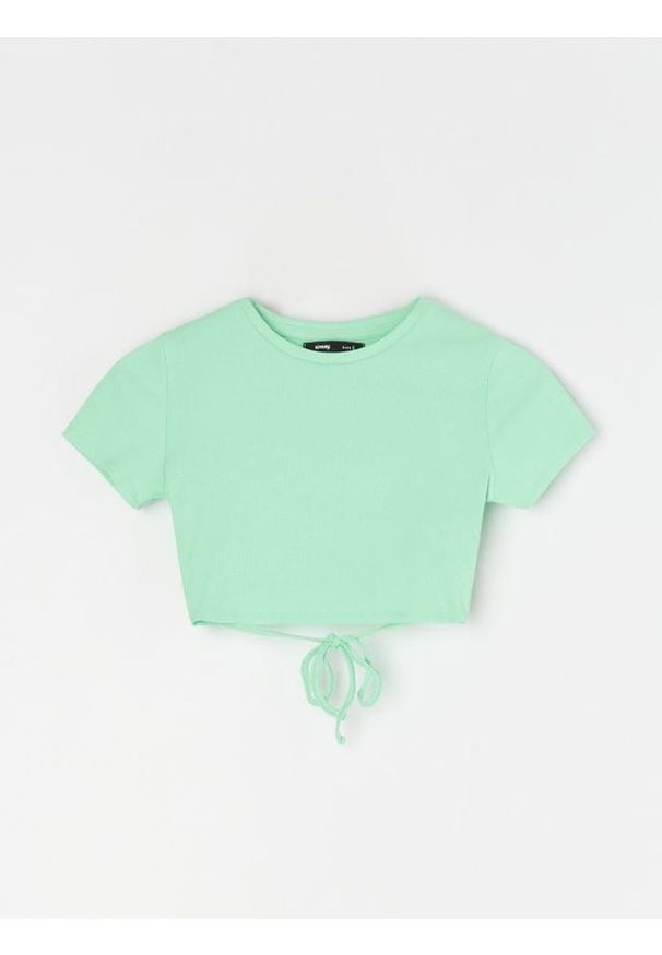 Sinsay - Bawełniana bluzka z wiązaniem - zielony. Kolor: zielony. Materiał: bawełna