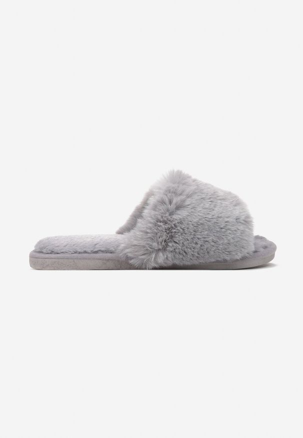 Born2be - Szare Kapcie Lineanor. Okazja: na co dzień. Nosek buta: otwarty. Zapięcie: bez zapięcia. Kolor: szary. Materiał: futro. Wzór: aplikacja. Styl: casual, elegancki