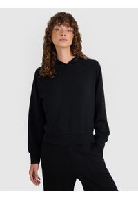 4f - 4F Bluza dresowa nierozpinana z modalem damska - czarna XL. Okazja: na co dzień. Typ kołnierza: kaptur. Kolor: czarny. Materiał: dresówka. Długość rękawa: raglanowy rękaw. Wzór: gładki, ze splotem. Styl: klasyczny, sportowy, casual