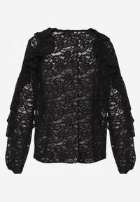 Renee - Czarna Koronkowa Bluzka z Falbankami Sewrana. Typ kołnierza: kołnierz z falbankami. Kolor: czarny. Materiał: koronka. Styl: elegancki #8