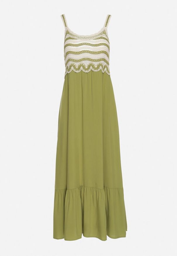 Born2be - Zielona Sukienka Rozkloszowana na Ramiączkach z Wiskozy Ozdobiona Haftami Efradea. Okazja: na co dzień. Kolor: zielony. Materiał: wiskoza. Długość rękawa: na ramiączkach. Wzór: haft, aplikacja. Styl: casual, klasyczny