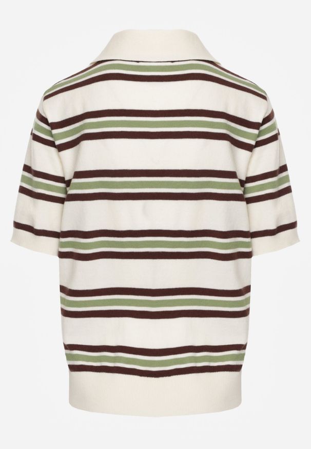 Born2be - Zielono-Kremowy T-shirt Typu Polo z Wiskozą Ozdobiony Guzikami i Paskami Esefia. Okazja: na co dzień. Typ kołnierza: polo. Kolor: zielony. Materiał: wiskoza. Wzór: aplikacja. Styl: casual