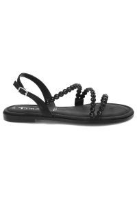 Czarne Sandały Tamaris Eleganckie Buty Damskie. Okazja: na co dzień. Zapięcie: pasek. Kolor: czarny. Materiał: jeans, skóra ekologiczna. Wzór: paski, aplikacja. Sezon: lato. Obcas: na płaskiej podeszwie. Styl: elegancki #4
